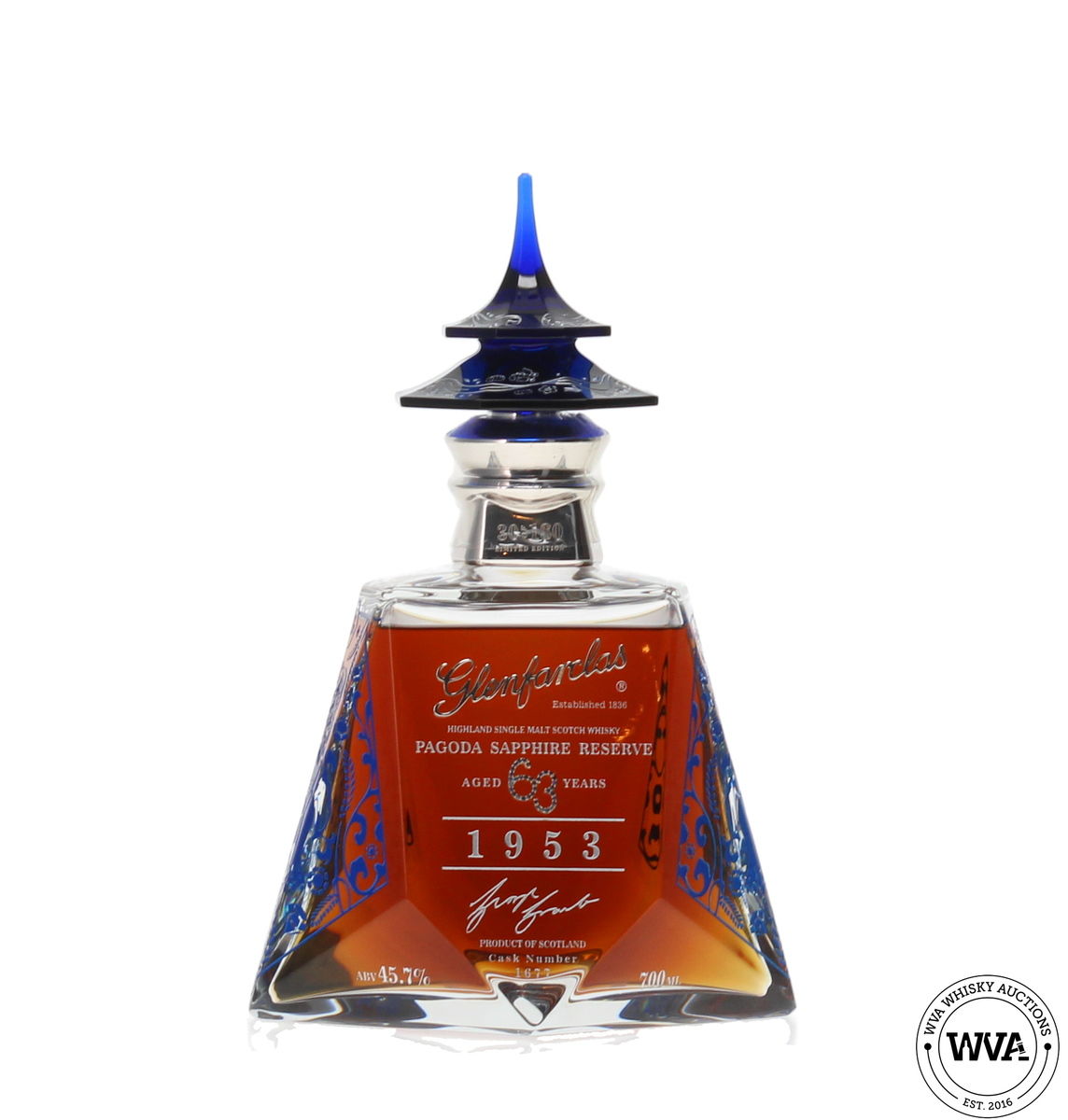 GLENFARCLAS 63 YEAR OLD 1953 #1677 - PAGODA SAPPHIRE RESERVE (SILVER EDITION)